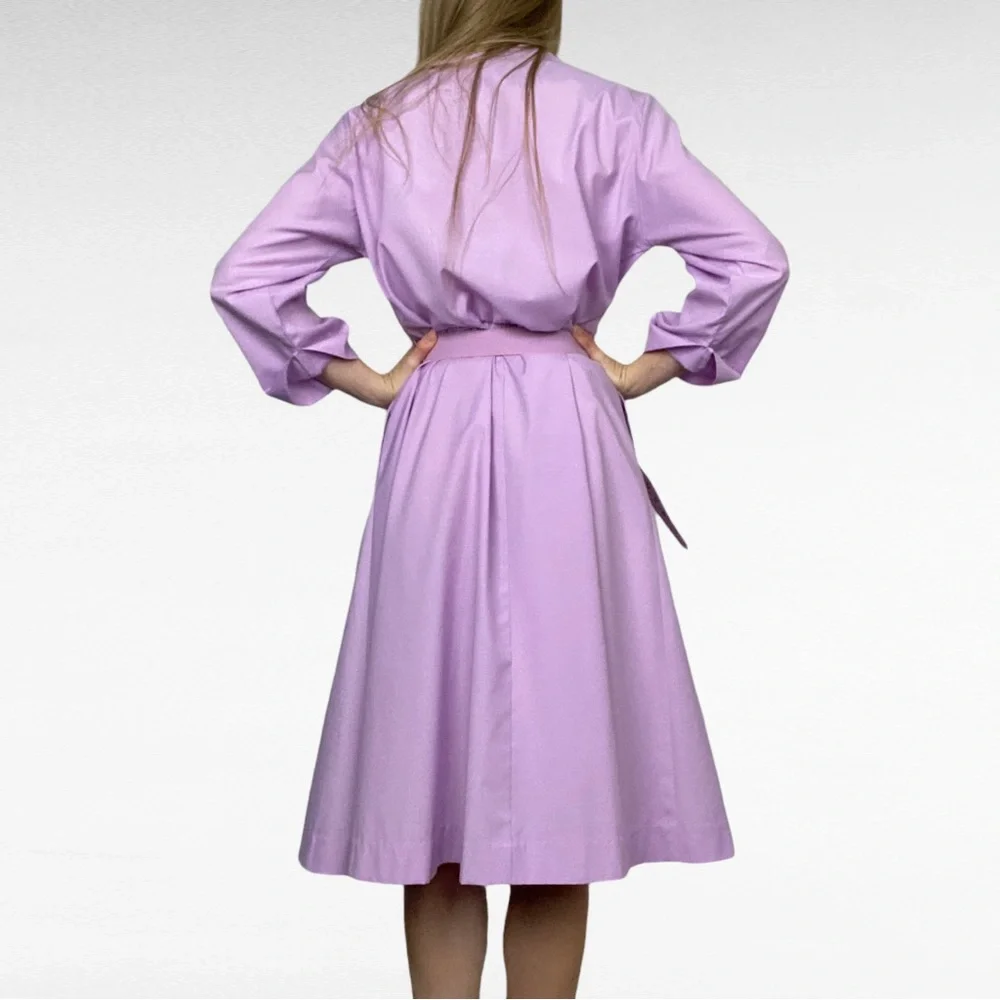 VINTAGE 80s Willi California Lavender Belted Retro Button Down Shirt Dress - Picture 5 of 10